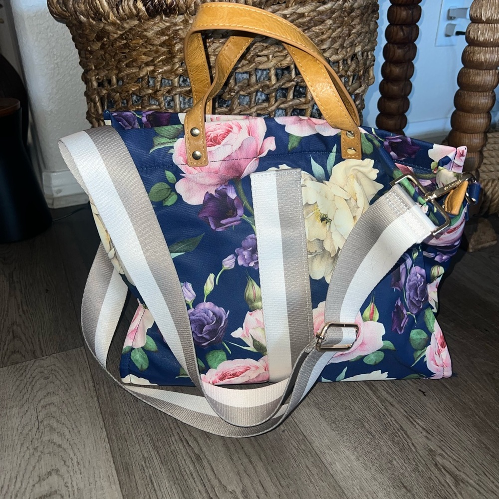 Floral Canvas Tote Bag with Tan Handles